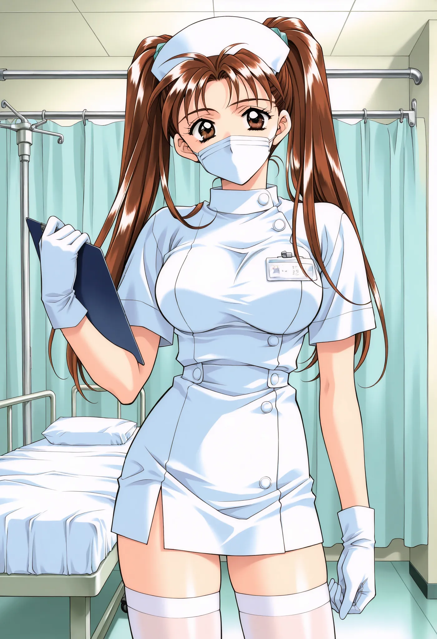 Score_9, score_8_up, score_7_up, source_anime, KanouRyouko, 1girl, solo, twintails, brown hair, brown eyes, large breasts, 1990s (style), kadoi aya style, (best quality), (high quality), {masterpiece}, extremely delicate and beautiful, ultra-detailed, beau...