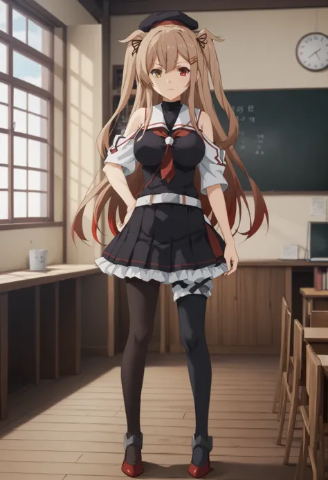 Murasame (KANCOLLE)、(Murayama Nikkantai collection),  light brown hair, 1 girl, solo, long hair, chest,hair ornament, , Red right eye,  yellow left eye,, ribbon, uniform, hair ribbon, pleated skirt, sailor suit, hair clip, black thigh high socks, transpare...