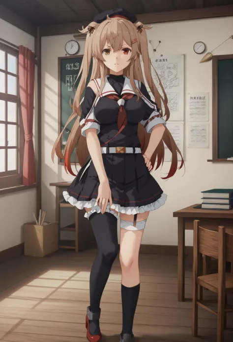 Murasame (KANCOLLE)、(Murayama Nikkantai collection), light brown hair, 1 girl, solo, long hair, chest,hair ornament, , Red right eye, yellow left eye,, ribbon, uniform, hair ribbon, pleated skirt, sailor suit, hair clip, black thigh high socks, transpare...