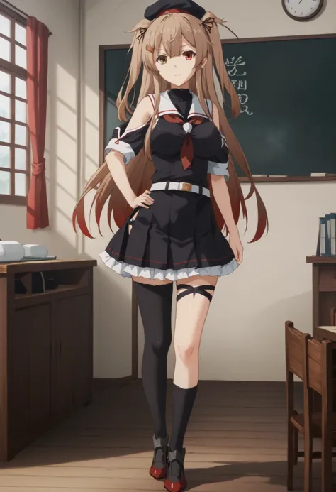 Murasame (KANCOLLE)、(Murayama Nikkantai collection),  light brown hair, 1 girl, solo, long hair, chest,hair ornament, , Red right eye,  yellow left eye,, ribbon, uniform, hair ribbon, pleated skirt, sailor suit, hair clip, black thigh high socks, transpare...
