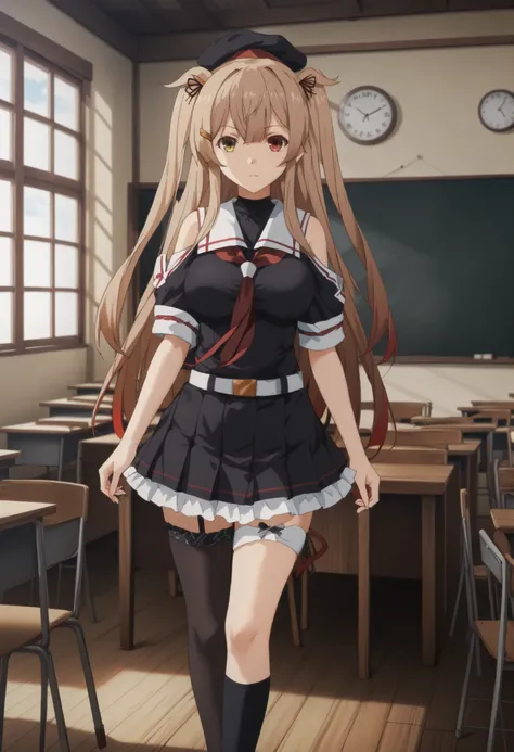 Murasame (KANCOLLE)、(Murayama Nikkantai collection),  light brown hair, 1 girl, solo, long hair, chest,hair ornament, , Red right eye,  yellow left eye,, ribbon, uniform, hair ribbon, pleated skirt, sailor suit, hair clip, black thigh high socks, transpare...