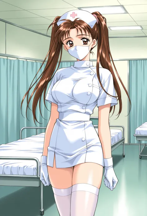 Score_9, score_8_up, score_7_up, source_anime, KanouRyouko, 1girl, solo, twintails, brown hair, brown eyes, large breasts, 1990s (style), kadoi aya style, (best quality), (high quality), {masterpiece}, extremely delicate and beautiful, ultra-detailed, beau...