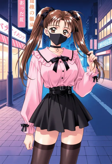 Score_9, score_8_up, score_7_up, source_anime, KanouRyouko, 1girl, solo, twintails, brown hair, brown eyes, large breasts, 1990s (style), kadoi aya style, (best quality), (high quality), {masterpiece}, extremely delicate and beautiful, ultra-detailed, beau...