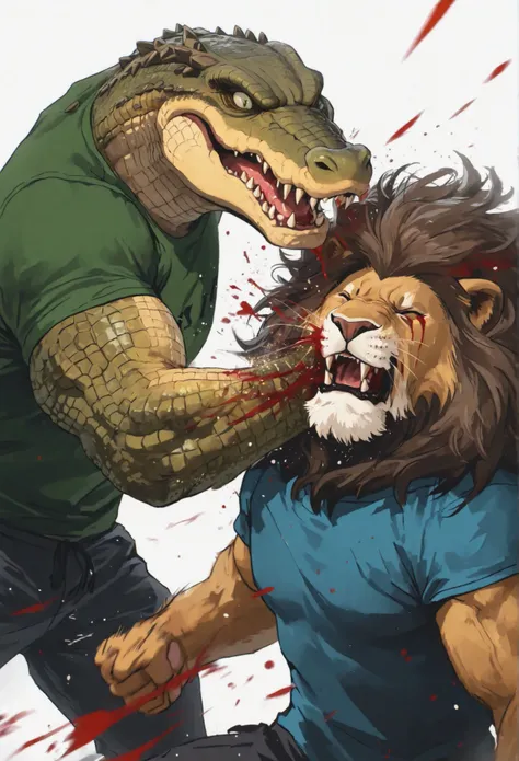 A Cinematic, highly dynamic battle scene showing a muscular adult anthromorphic male crocodile, wearing a solid green sports t-shirt, with rough and scaly skin and an angry expression, fiercely punching the jaw of an adult anthromorphic male lion. The croc...