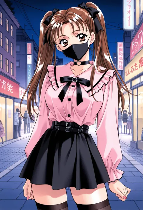 Score_9, score_8_up, score_7_up, source_anime, KanouRyouko, 1girl, solo, twintails, brown hair, brown eyes, large breasts, 1990s (style), kadoi aya style, (best quality), (high quality), {masterpiece}, extremely delicate and beautiful, ultra-detailed, beau...