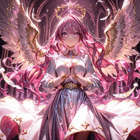 Masterpiece, top quality, absurd, high resolution, cinematic composition, ultra detailed, high quality,((cowboy shot)),angel,own hands together,fluttering feathers(1.5),shimmering aura,Sparkling Glitter,collared Long dress that covers the ankles, long hair...
