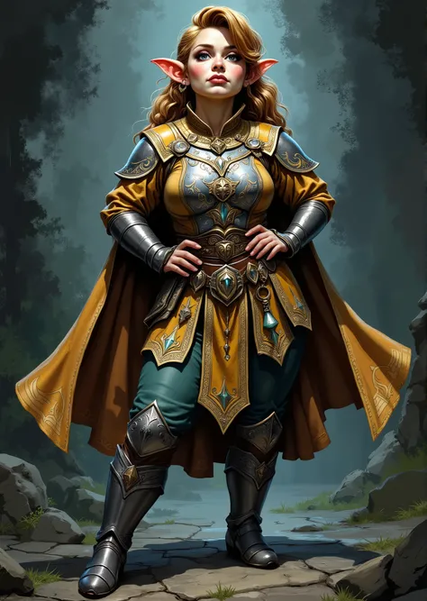 An extremely detailed comic book illustration of a stunningly beautiful extremely curvaceous Gnome from Dungeons and Dragons petite magical folk with big eyes and pointed ears created by gods of invention and illusion seldom seen by other folk due to the g...