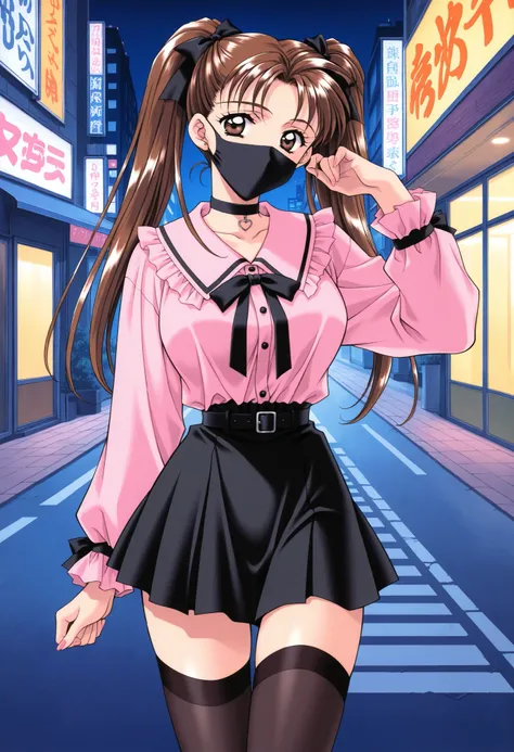 Score_9, score_8_up, score_7_up, source_anime, KanouRyouko, 1girl, solo, twintails, brown hair, brown eyes, large breasts, 1990s (style), kadoi aya style, (best quality), (high quality), {masterpiece}, extremely delicate and beautiful, ultra-detailed, beau...