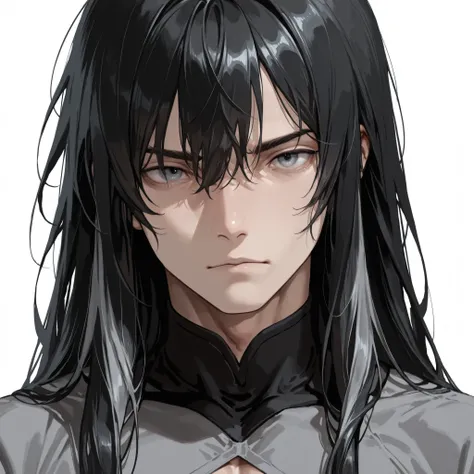(Masterpiece, absurdres, newest topquality) 1boy, solo, maturemale, malefocus, long hair, black hair, grey streaks, blue-greyish eyes, form fitting longsleeves, standing upright, white background, looking at viewer, tall, lean build, portrait, close up, f...