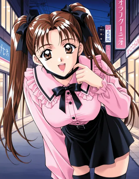 Score_9, score_8_up, score_7_up, source_anime, KanouRyouko, 1girl, solo, twintails, brown hair, brown eyes, large breasts, 1990s (style), kadoi aya style, (best quality), (high quality), {masterpiece}, extremely delicate and beautiful, ultra-detailed, beau...