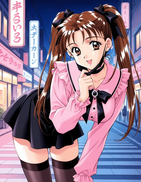 Score_9, score_8_up, score_7_up, source_anime, KanouRyouko, 1girl, solo, twintails, brown hair, brown eyes, large breasts, 1990s (style), kadoi aya style, (best quality), (high quality), {masterpiece}, extremely delicate and beautiful, ultra-detailed, beau...
