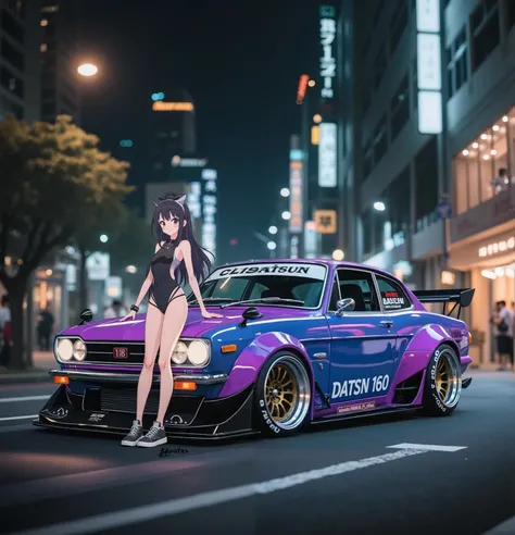 wide body and offset wheels to tune the Datsun 1600、paint an anime woman to tune the Datsun 1600,ダットサン1600をチューンする,masterpiece,Ultra-fine expression,downtown at night,