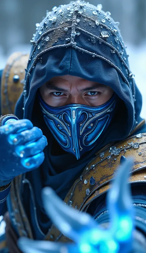 The image shows Sub-Zero, a famous character from the game Mortal Kombat. He has an intense expression, with eyes glowing in a vibrant blue tone, transmitting a sense of power and concentration. The mask that covers his face is detailed, with elements in m...