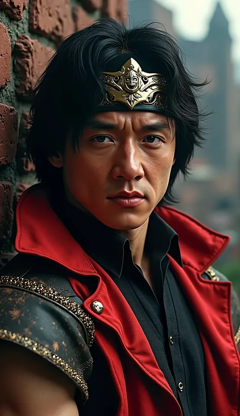  Max Huang as Kung Lao in Mortal Kombat, wearing his characteristic blade hat. The background appears to be a brick or rock wall a hyperrealistic image close up upper body hyperdetailed textures the hyper realistic background of a skull city with 8k textur...