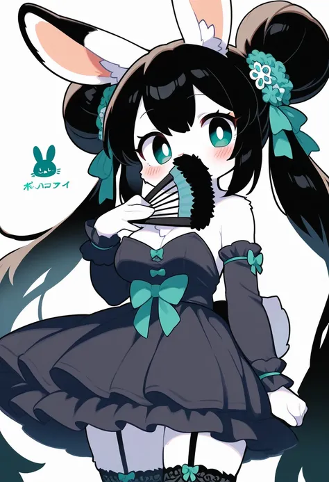 1girl, (furry, kemono:1.4), rabbit girl, animal nose, rabbit ears, hand fan, rating:safe, solo, dress, long_hair, garter_straps, detached_sleeves, thighhighs, white_background, jewelry, looking_at_viewer, blush, breasts, black_hair, bare_shoulders, bangs, frills, folding_fan, long_sleeves, simple_background, double_bun, holding, eyebrows_visible_through_hair, very_long_hair, two_side_up, strapless, cowboy_shot, earrings, ribbon, strapless_dress, holding_hand fan, covering_mouth, green_eyes, bow, hair_ornament, blue_eyes, frilled_dress, twintails, zettai_ryouiki, medium_breasts, standing, hair_ribbon, lifted_by_self, skirt, wrist_cuffs, masterpiece, best quality, very aesthetic, absurdres