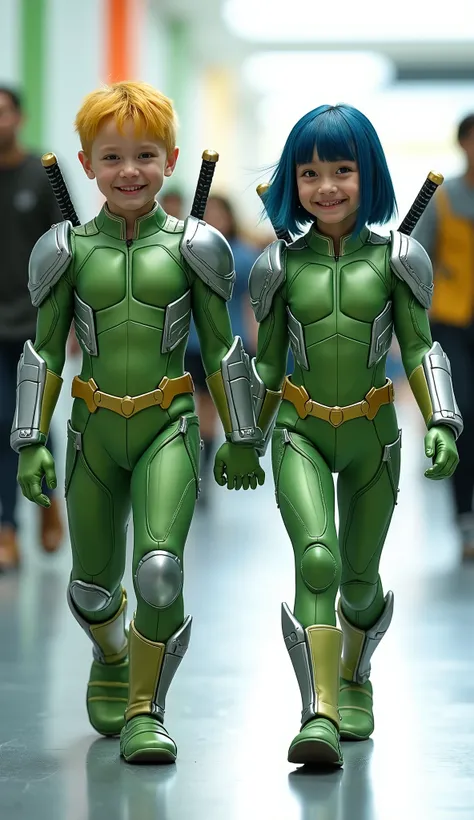 character: 1 baby boy yellow hair Wearing futuristic light green hulk suit with gold silver armor futuristic white accents,  and 1 baby girl short straight blue hair bangs Wearing futuristic light  green hulk body suit with gold silver armor futuristic whi...