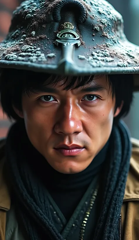 Max Huang as Kung Lao in Mortal Kombat, wearing his characteristic blade hat. The background seems to be a brick or rock wall, a hyper realistic image, close up, upper body, hyperdetailed textures, the hyper realistic background of a blizzard city with tex...