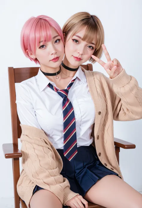 fullbody shot, realism, best resolution,different facial expressions, ,different haircolors, pink hair, blonde hair, big chest,2japanese women with two heads, conjoined, different face-shapes, different eyebrow thickness, different hair-lengths, wavy long ...