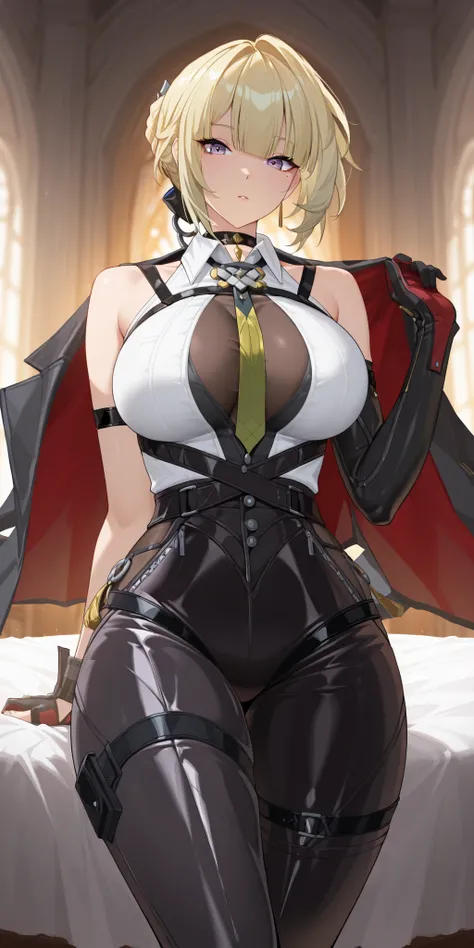 front view, 1 girl - Evelyn Chevalier from Zenless Zone Zero, lZZZEvelyn, blonde hair, short hair, bangs, hair bun, purple eyes, mole, sleeveless white shirt, necktie, black jacket, jacket on shoulders, pants, black gloves, elbow glove, choker, high heel b...
