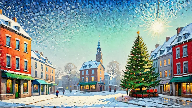  quality: ((( Ultra high definition print art illustration , masterpiece, super detailed, ultra high res, 16k))) A large Christmas tree stands in the middle of a street lined with red brick buildings. The tree's branches and leaves are depicted with comple...