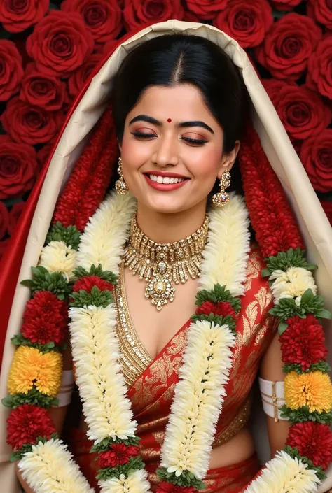 (masterpiece, best quality:1.2), 1girl, soloImage is a landscape -style photograph in the transparent glass coffin box and the head to leg view featuring a woman with closed eyes, wearing traditional attire. The individual has a medium skin tone and is ado...