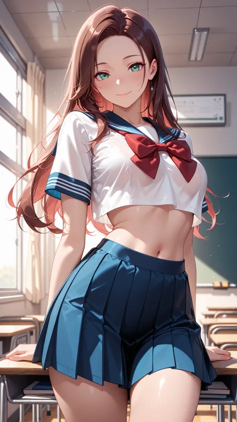 masterpiece, best quality, vibrant, very aesthetic, high contrast, semirealistic, newest,  cinematic-lightning, slender, breasts, 1girl, cowboy shot, detailed green eyes, smile, semi-long hair, dark brown silky hair, forehead, sliced back hair, navel, Capt...
