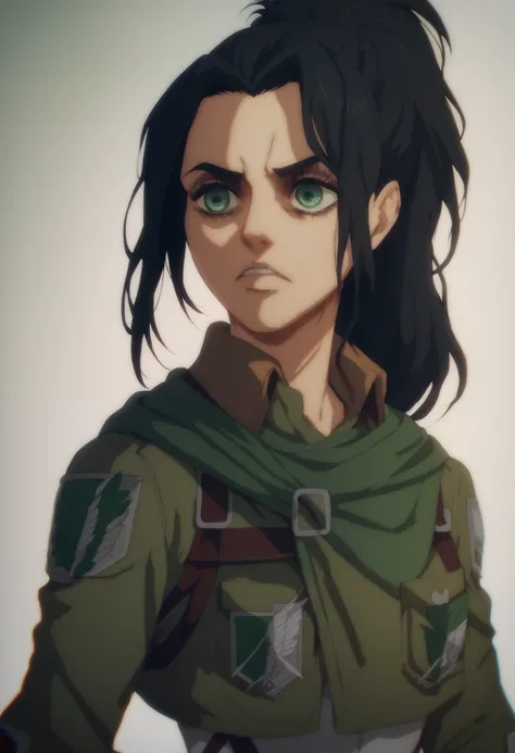 A girl character from attack on titans, long black hair, wavy ponytail, green eyes, gorgeous face. Soldier clothes, kind