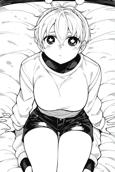 score_9, score_8_up, score_7_up, score_6_up, score_5_up, score_4_up,
BREAK
vamola, short hair, bangs, hair between eyes, symbol-shaped pupils, antennae, star-shaped pupils, white shirt, black booty shorts, fluffy socks with a kitty design,
BREAK
portrait, ...