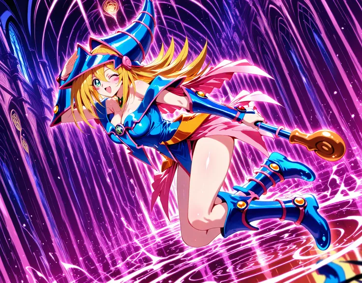 anime coloring,full body,any pose, dynamic, Behavior,Dark magician girl , one eye closed,upper body, side shot, alternate color, masterpiece, detailed illustration, lifelike, Pixiv top quality, exquisite, {{{Cute 1dark magician girl}}},,(1 cane) ,have a ca...