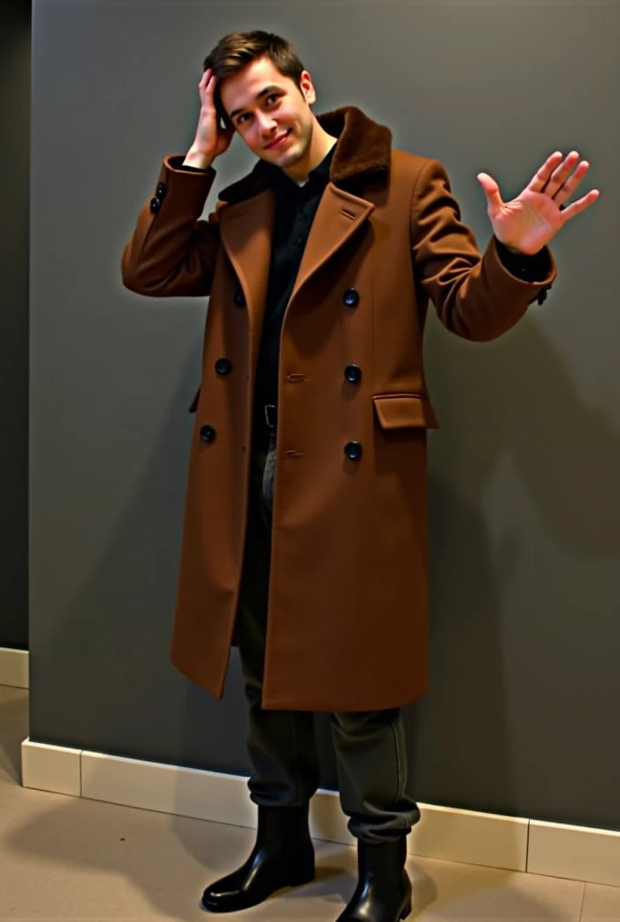 standing, holding hand on head, other hand open with fingers spread, wearing a long brown double-breasted coat with a fur-lined collar, dark pants, black boots, wearing black inner clothing, indoor setting, neutral or subdued lighting, casual atmosphere.