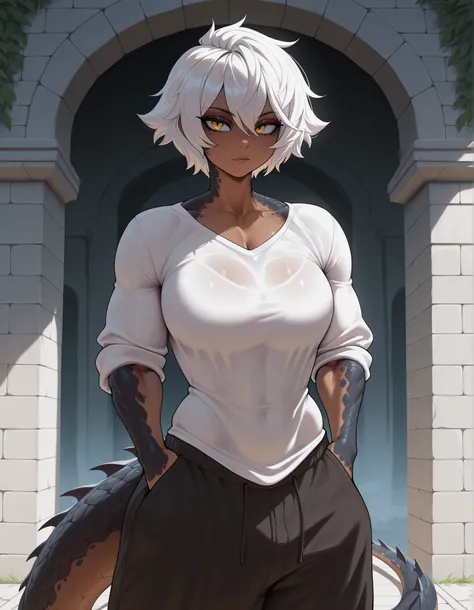 masterpiece, best quality, amazing quality, very aesthetic, absurdres, newest, scenery, extreme detail, 8k, detailed eyes, yellow eyes, by Riolutiny, female, scalie arms and neck, solo, tall, extremely detailed scales, short spiky white hair, short hair, d...