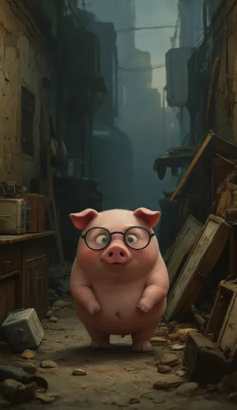  On the other side, a chubby pink pig wearing glasses is surrounded by old, unused items scattered everywhere. Meanwhile, the pink chubby pig with glasses is watching something closely in an alley of the city, with piles of trash in the background.
