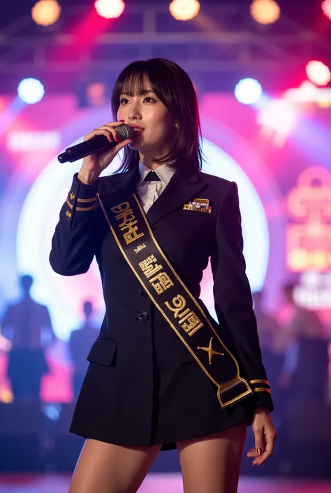 Create a stunning portrait of a beautiful Japanese female singer. She has a slender physique, medium bust, and thin legs, with medium-length hair. She is dressed in a Japanese police uniform, proudly serving as a 'one-day police chief,' with a sash featuri...