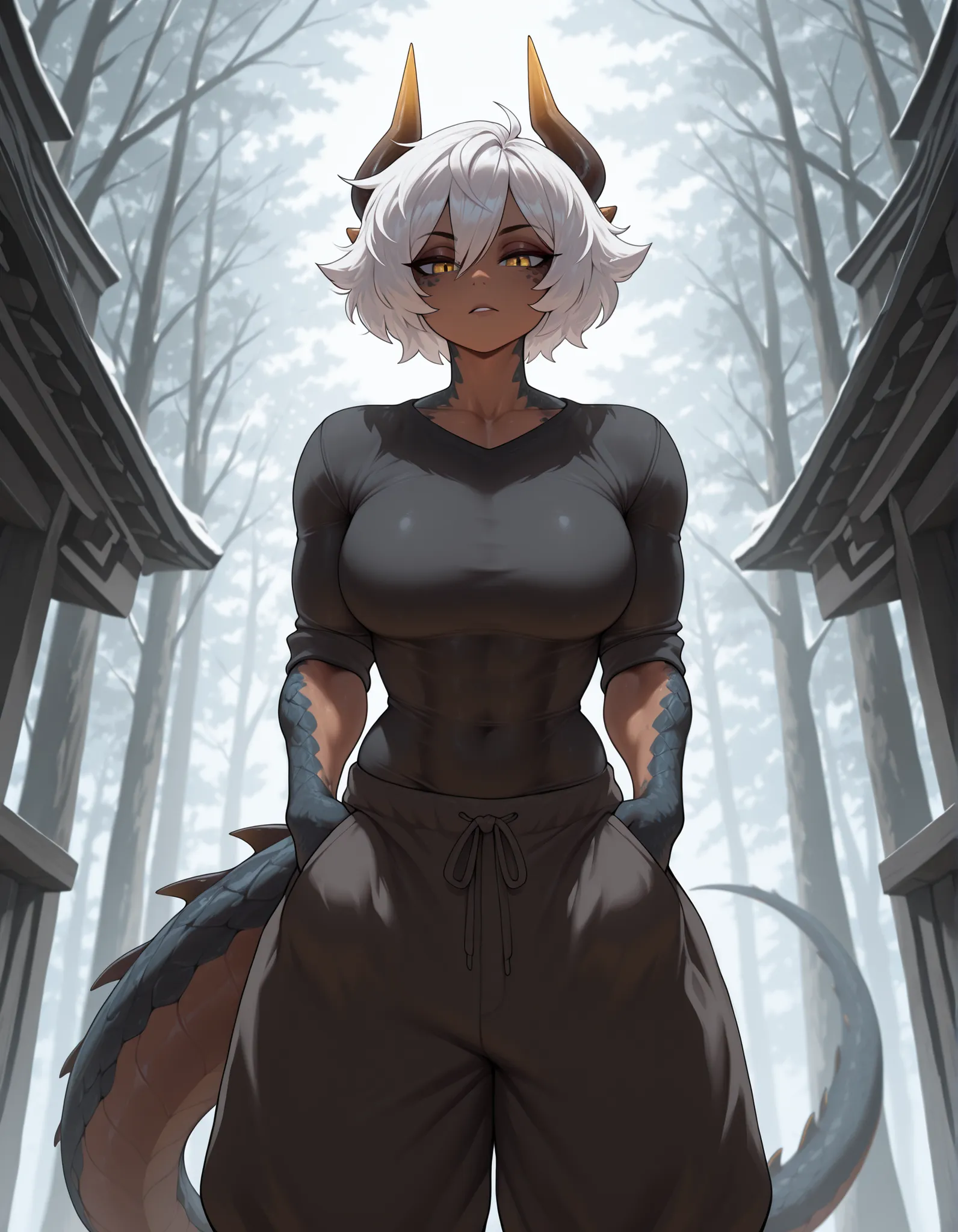 masterpiece, best quality, amazing quality, very aesthetic, absurdres, newest, scenery, extreme detail, 8k, detailed eyes, yellow eyes, by Riolutiny, female, scalie arms and neck, solo, tall, horns, extremely detailed scales, short spiky white hair, short ...