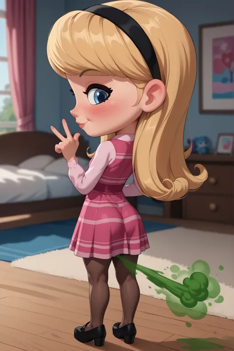 1girl , full body , solo , penny peterson , long hair , blue eyes , freckles , blonde hair , skirt , hairband , black hairband , marron pantyhose , dress , pink dress , long sleeves, ,fart, Gas comes out of her butt, blush、shy、put pressure on your face、Ga...