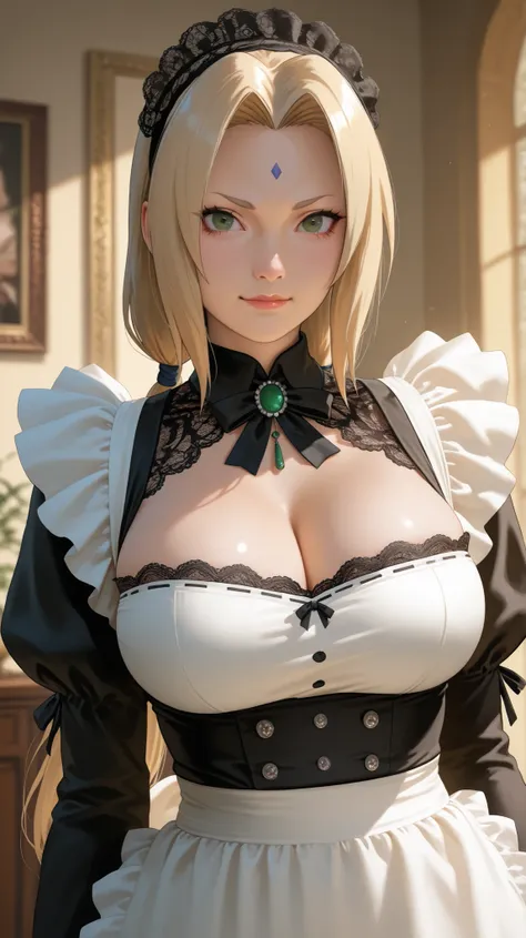 A cinematic half-body portrait of Tsunade from Naruto, realistic live action style. She has long blonde hair, striking green eyes, and a calm yet graceful expression. She is dressed in an elegant maid outfit: a black and white dress with frilly lace and a ...