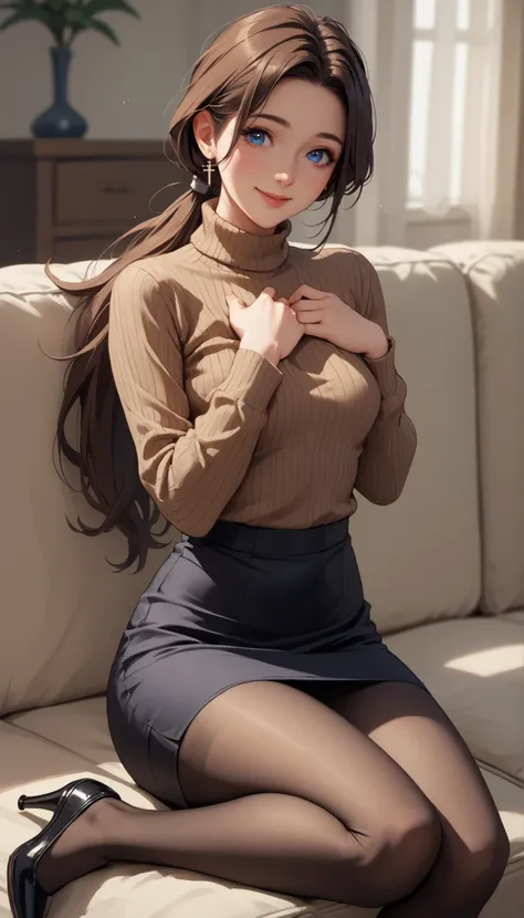 Mature Woman, small breasts, , is watching the viewer, ing, smile, sitting on the couch, cross your legs, blue eyes, brown hair, long hair, low ponytail, fitted white turtleneck sweater, black pencil skirt, black pantyhose,  black heels, Hands on chest、det...