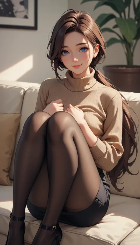 Mature Woman, small breasts, , is watching the viewer, ing, smile, sitting on the couch, cross your legs, blue eyes, brown hair, long hair, low ponytail, fitted white turtleneck sweater, black pencil skirt, black pantyhose,  black heels, Hands on chest、det...