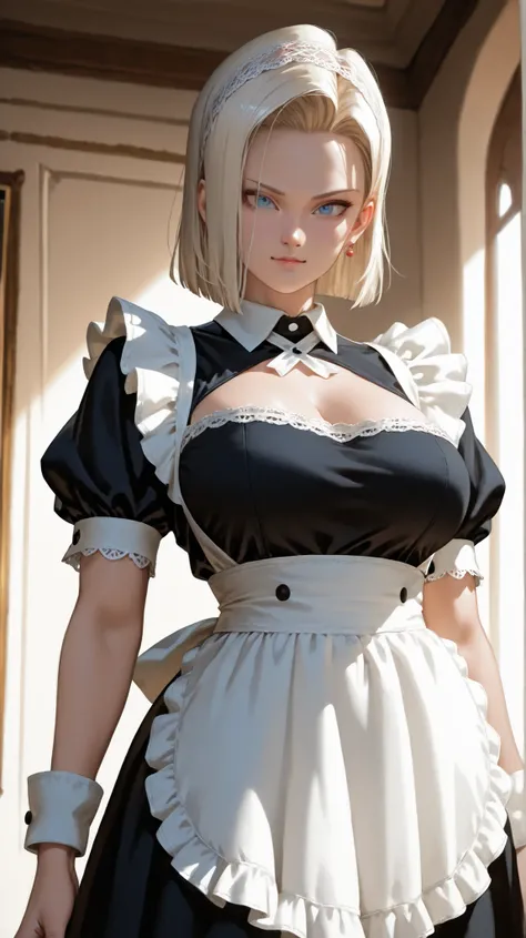 A cinematic half-body portrait of Android 18 from Dragon Ball, realistic live action style. She has long, platinum blonde hair, sharp blue eyes, and a confident yet serene expression. She is wearing an elegant maid outfit: a black and white dress with fril...