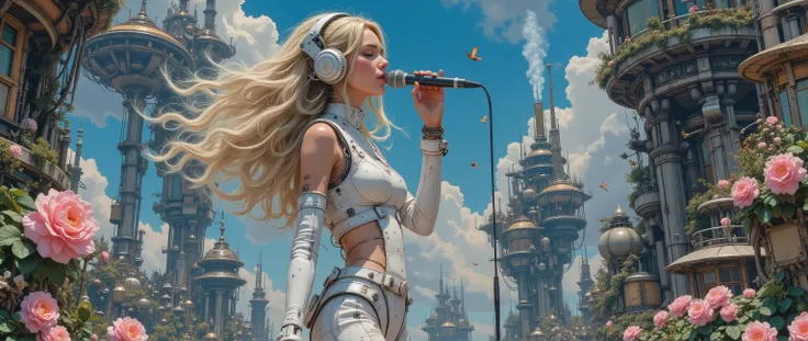epic oil painting , 16 thousand., photo quality, The fantasy zone , Anime girl rock band, science fiction, portrait of a young idol girl by pop rock singer, soloist of an expressive futuristic glamorous rock band with a stunning futuristic guitar,...