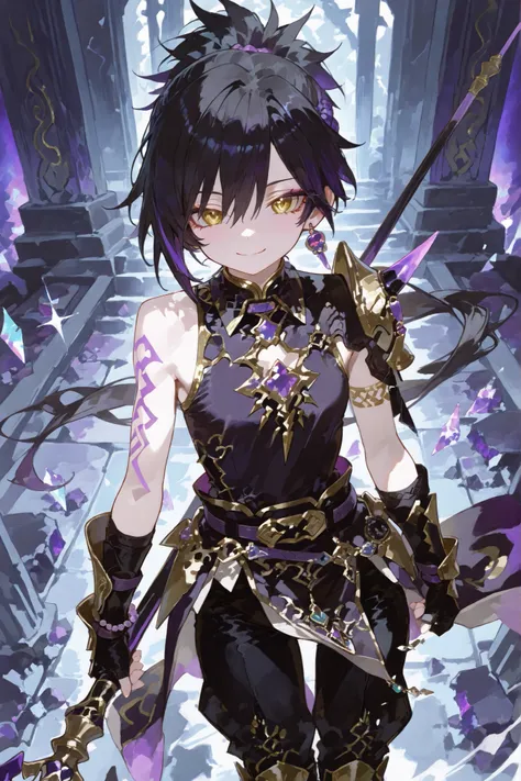 young slim athletic Black fantasy boy with smooth dark glowing skin, fierce yet joyful golden eyes shining with energy, short layered textured black hair tied into a sleek high ponytail with gold and purple bead trims woven into it, undercut sides neatly l...