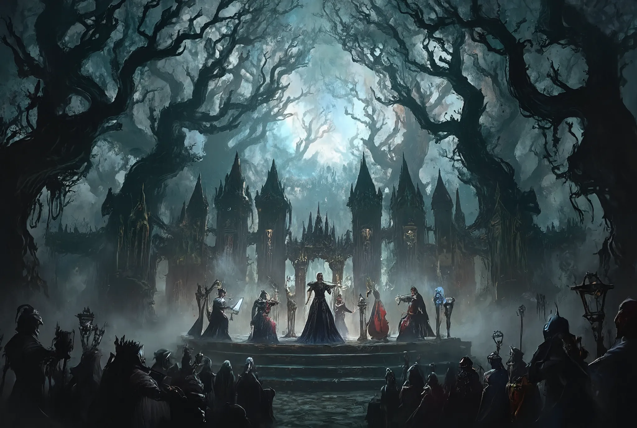 A dark fantasy world classical concert, a grand gothic-style stage in the middle of a misty ancient forest, musicians wearing elegant and mysterious costumes, playing violins, cellos, and harps, audience of mythical creatures like elves, vampires, and spir...