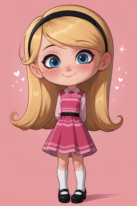 1girl , full body , solo , penny peterson , long hair , blue eyes , freckles , blonde hair , skirt , hairband , black hairband , white long tube socks , dress , pink dress , long sleeves , black mary janes, blush、shy、Satisfied smile, cute smile, ,cute pose...
