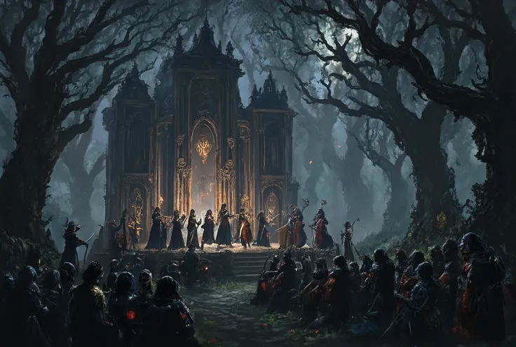 A dark fantasy world classical concert, a grand gothic-style stage in the middle of a misty ancient forest, musicians wearing elegant and mysterious costumes, playing violins, cellos, and harps, audience of mythical creatures like elves, vampires, and spir...