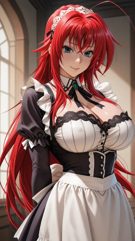 A cinematic half-body portrait of Rias Gremory from High School DxD, realistic live action style. She has long, flowing crimson red hair, striking blue eyes, and a confident yet charming expression. She has big brutal bigger breast, She has big brutal bigg...