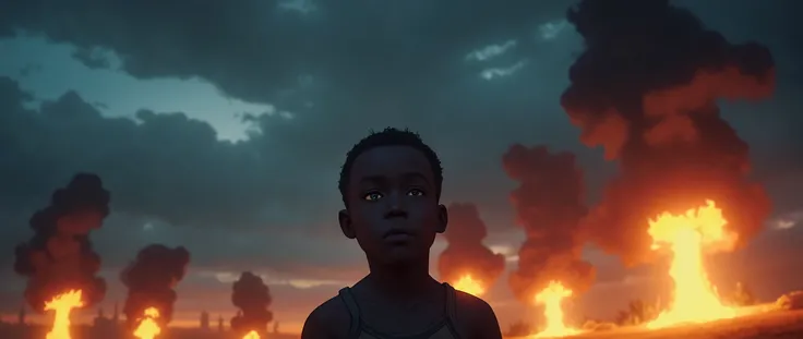 Large explosions on the horizon.; Imagine a black boy in the foreground, with an expression of hope and sadness at the same time, looking up at the dark sky, heavy with clouds. On the horizon, bombs fall, exploding and illuminating the sky with intense and...