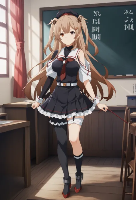 Murasame (KANCOLLE)、(Murayama Nikkantai collection),  light brown hair, 1 girl, solo, long hair, chest,hair ornament, , Red right eye,  yellow left eye,detailed eyes, ribbon, uniform, hair ribbon, pleated skirt, sailor suit, hair clip, black thigh high soc...