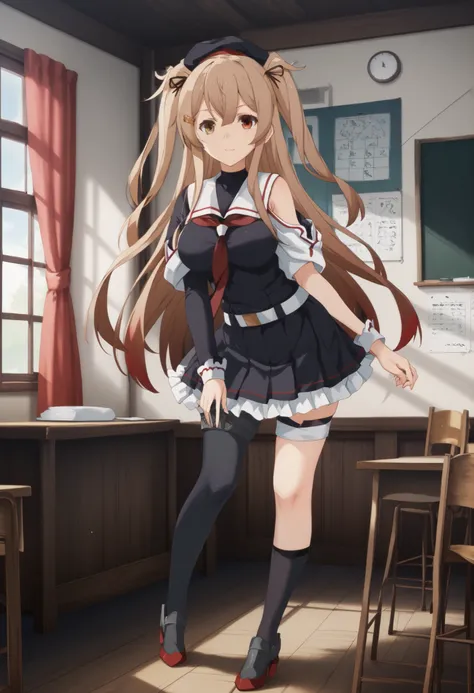 Murasame (KANCOLLE)、(Murayama Nikkantai collection), light brown hair, 1 girl, solo, long hair, chest,hair ornament, , Red right eye, yellow left eye,detailed eyes, ribbon, uniform, hair ribbon, pleated skirt, sailor suit, hair clip, black thigh high soc...