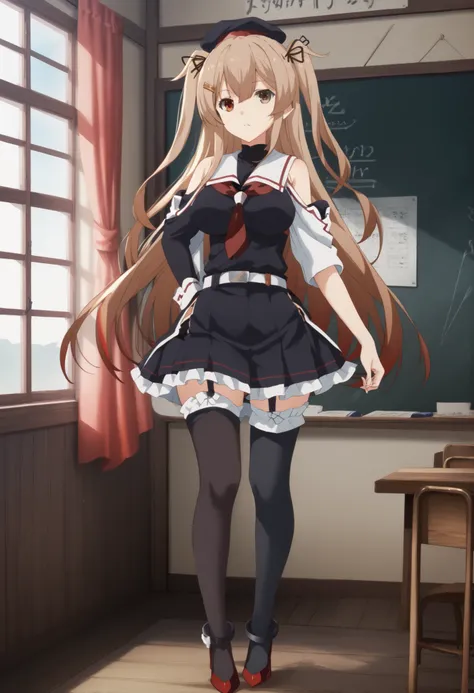 Murasame (KANCOLLE)、(Murayama Nikkantai collection),  light brown hair, 1 girl, solo, long hair, chest,hair ornament, , Red right eye,  yellow left eye,detailed eyes, ribbon, uniform, hair ribbon, pleated skirt, sailor suit, hair clip, black thigh high soc...