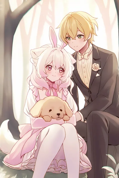 2 anthropomorphic characters、sitting snuggled up in the prairie
The first person(golden retriever anthropomorphic boy)
Dog Ears(Golden retriever style)
cheerful and warm expression
Wear an elegant pastel(Beige or cream color)suit
Second(pink rabbit pe...